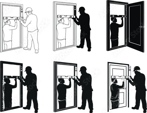 Teamwork door frame installation, construction workers using level tool, black and white vector illustration, precision carpentry, home improvement, instructional sequence, repair guide