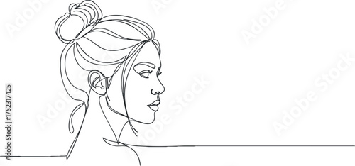 Minimalist line drawing of a woman in profile showcasing elegant features and hairstyle.