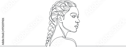 A minimalist line art illustration of a woman's profile with braided hair and elegant features.
