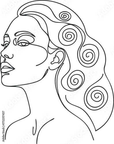 A minimalist line art portrait of a woman with elegant swirled hair and a stylish profile.