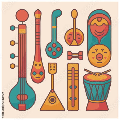 A set of flat vector illustrations of classic and ethnic musical instruments.