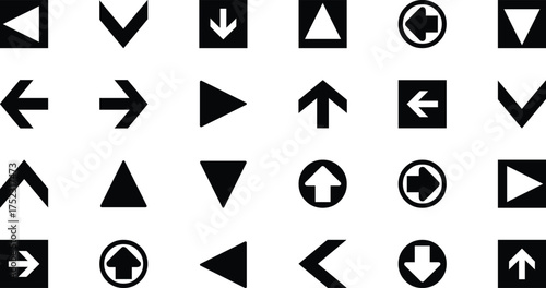 Vector art of collection of black and white directional arrow icons in various shapes and orientations on a