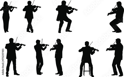 Violin player silhouette vector, musical performance illustration, classical music posture clipart, black and white musician art, orchestra concert design