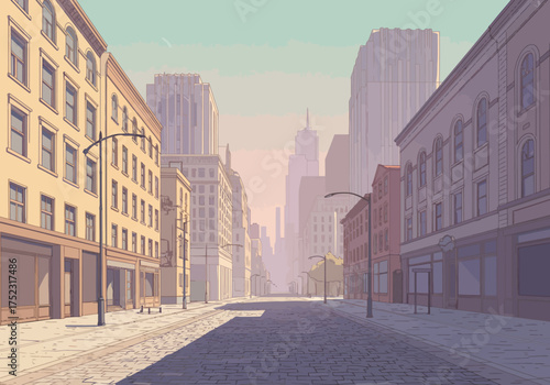 Empty City Street with Buildings and Cobblestone Road.