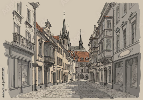 European City Street with Church Spires Cobblestone Road and Ornate Buildings.