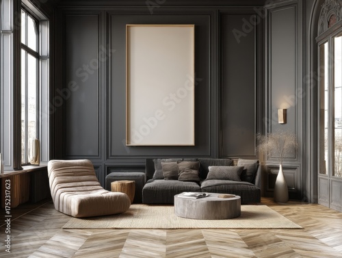 A living room with a large white framed picture on the wall