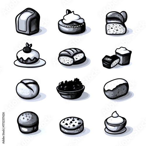 Collection of illustrated baked goods and desserts arranged in a grid with varied textures and