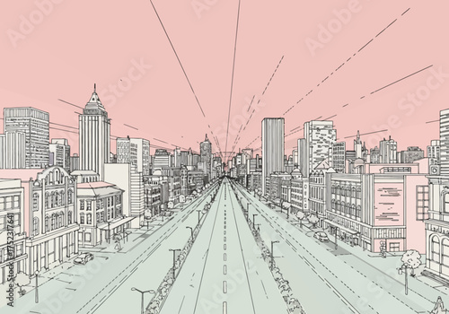 Cityscape Sketch: Urban Avenue Perspective with Buildings and Street.