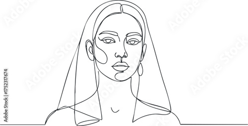 A minimalist line drawing of a woman's face with a veil showcasing elegance and simplicity.