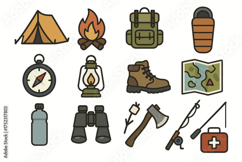 Camping gear essentials: tent, backpack, lantern, sleeping bag, compass, and more