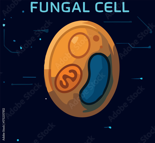 A flat illustration of a fungal cell in warm orange and blue tones, representing biological structure in a modern educational and futuristic style.