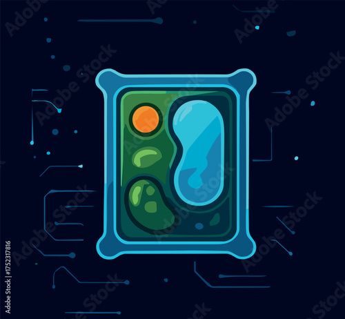 A detailed vector illustration of a plant cell in green and blue hues, featuring organelles within a glowing rectangular structure, ideal for educational and scientific visuals.