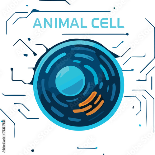 A futuristic flat  illustration of an animal cell in glowing blue and orange tones with labeled title, symbolizing biological science and digital education.