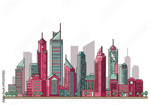 Colorful Cityscape Illustration with Modern Buildings and Trees.