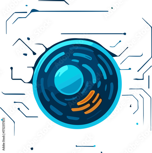 A glowing flat vector illustration of an animal cell in futuristic blue and orange hues, representing biological science and digital technology integration.