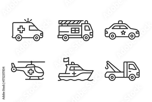 Icon set of emergency vehicles featuring ambulance, fire truck, police car, helicopter, boat, tow truck