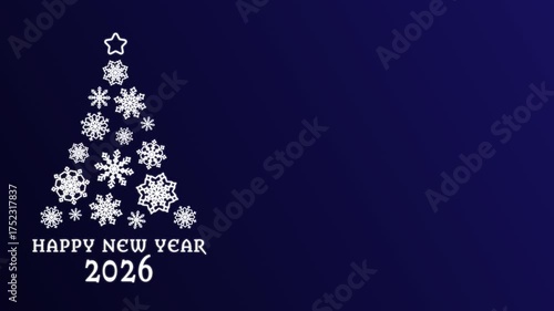 A Christmas tree made of white rotating snowflakes with a star at the top, on a dark blue background and the text happy new year 2026.