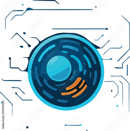 A glowing flat vector illustration of an animal cell in futuristic blue and orange hues, representing biological science and digital technology integration.
