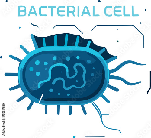 A modern flat vector illustration of a glowing blue bacterial cell with flagella, designed in a futuristic digital style for educational and scientific visuals.