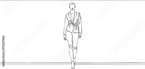 A stylish model walking confidently on the runway in a modern fashion illustration.