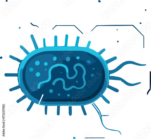 A glowing blue flat vector illustration of a bacterial cell showing flagella and internal structure, symbolizing microbiology and digital science visualization.