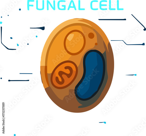 A flat  illustration of a fungal cell in warm orange and blue tones, representing biological structure in a modern educational and futuristic style