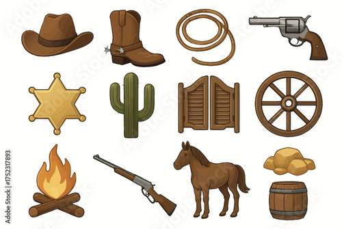 Western icons collection: cowboy gear, cactus, horse, wagon wheel, campfire, gold nuggets