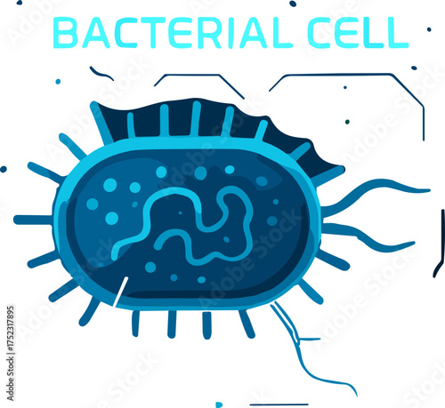 A modern flat vector illustration of a glowing blue bacterial cell with flagella, designed in a futuristic digital style for educational and scientific visuals.