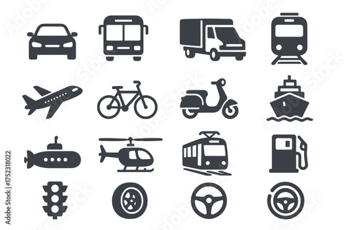 Transportation icons set featuring vehicles and travel modes