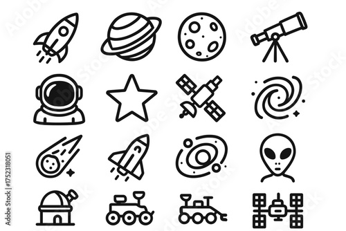 Space exploration icons: rockets, planets, telescope, alien, astronaut, satellite