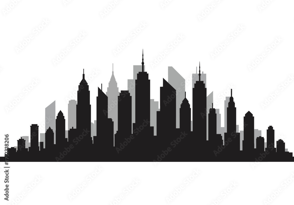 Fototapeta premium Black and Gray Cityscape Silhouette with Skyscrapers and Buildings.