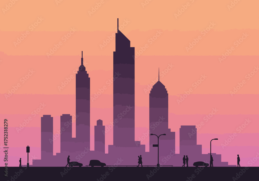 Obraz premium Silhouette Cityscape at Sunset with People and Cars.