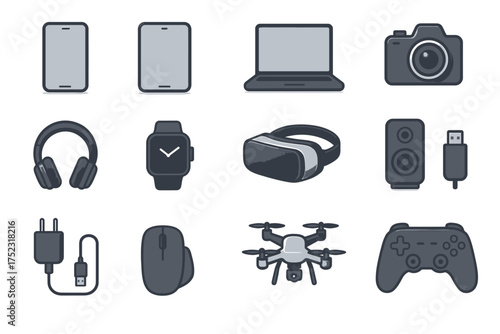 Modern gadgets collection: smartphone, laptop, camera, drone, headphones, usb