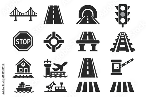 Transport icons: bridge, road, tunnel, traffic light, stop sign, airport, railway
