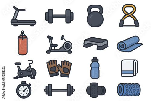 Set of gym equipment icons: treadmill, dumbbells, kettlebell, resistance bands, and more