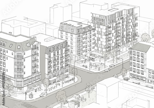 Architectural Sketch of Urban Buildings and Streetscape.