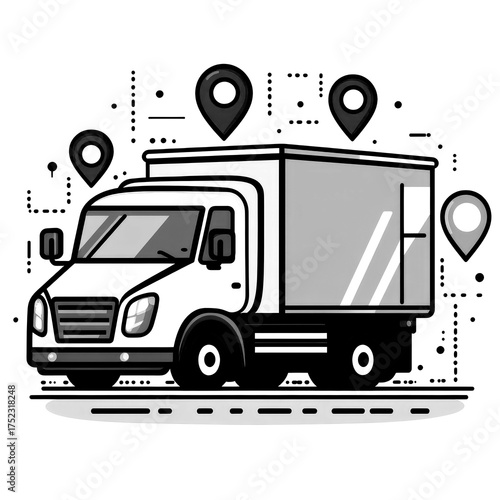 Delivery truck in urban setting with location markers showcasing modern logistics technology