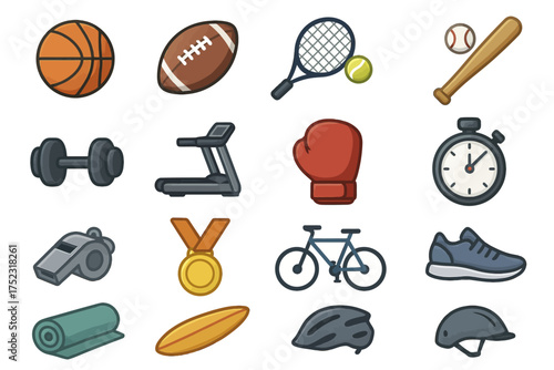 Collection of various sports equipment illustrations for diverse athletic activities