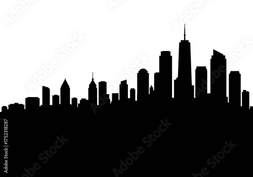 Black Silhouette of a City Skyline with Skyscrapers and Buildings.