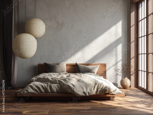 A bedroom with a wooden bed and two lamps hanging from the ceiling