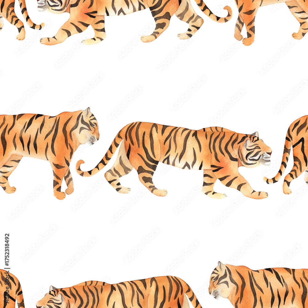 Obraz premium Animal seamless pattern with tigers. Watercolor print. Exotic hand drawn illustration on white background