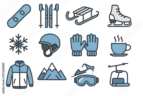 Winter sports equipment icons: snowboard, skis, sled, ice skate, snowflake, helmet, gloves, coffee