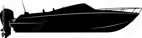 Motor boat silhouette. This image shows a black silhouette of a motorboat with an outboard engine, highlighting the sleek and modern design of the watercraft. Vector clipart illustration design