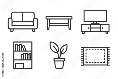 Minimalist line drawing of home furniture with sofa, table, tv stand, bookshelf, plant, rug