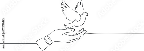 A minimalist line art illustration of a hand gently releasing a dove symbolizing peace.