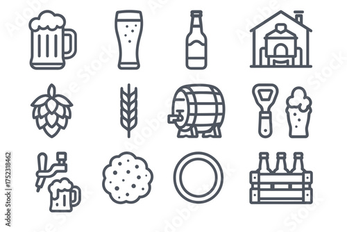 Beer brewing icons: hop, barrel, bottle, and brewery elements in line art