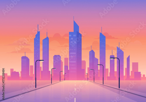 Vibrant Cityscape Silhouette at Sunset with Streetlights.