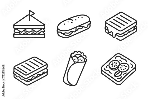 Line art icons of sandwiches and wraps: creative food illustrations