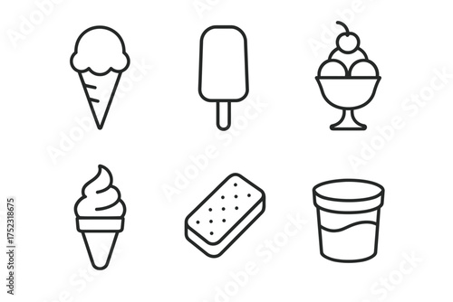 Outline icons of various ice cream types: cone, popsicle, sundae, soft serve, ice cream sandwich, tub