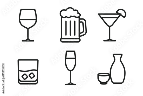 Minimalist icons of various alcoholic drinks: wine, beer, cocktail, whiskey, champagne, sake